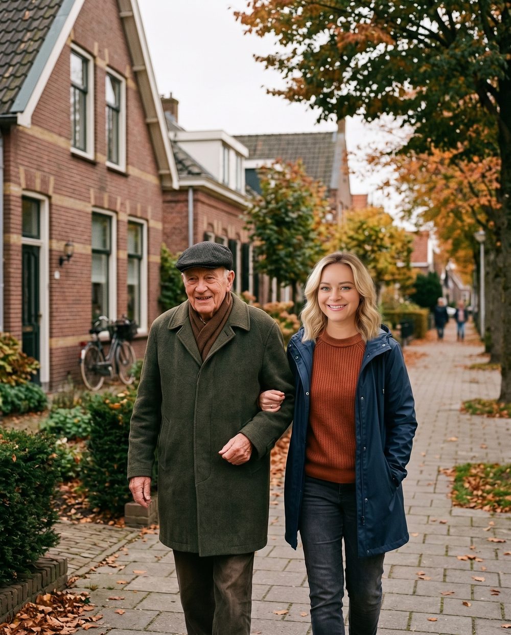 Violeta wandelt gearmd met een oudere man door een straat in de herfst