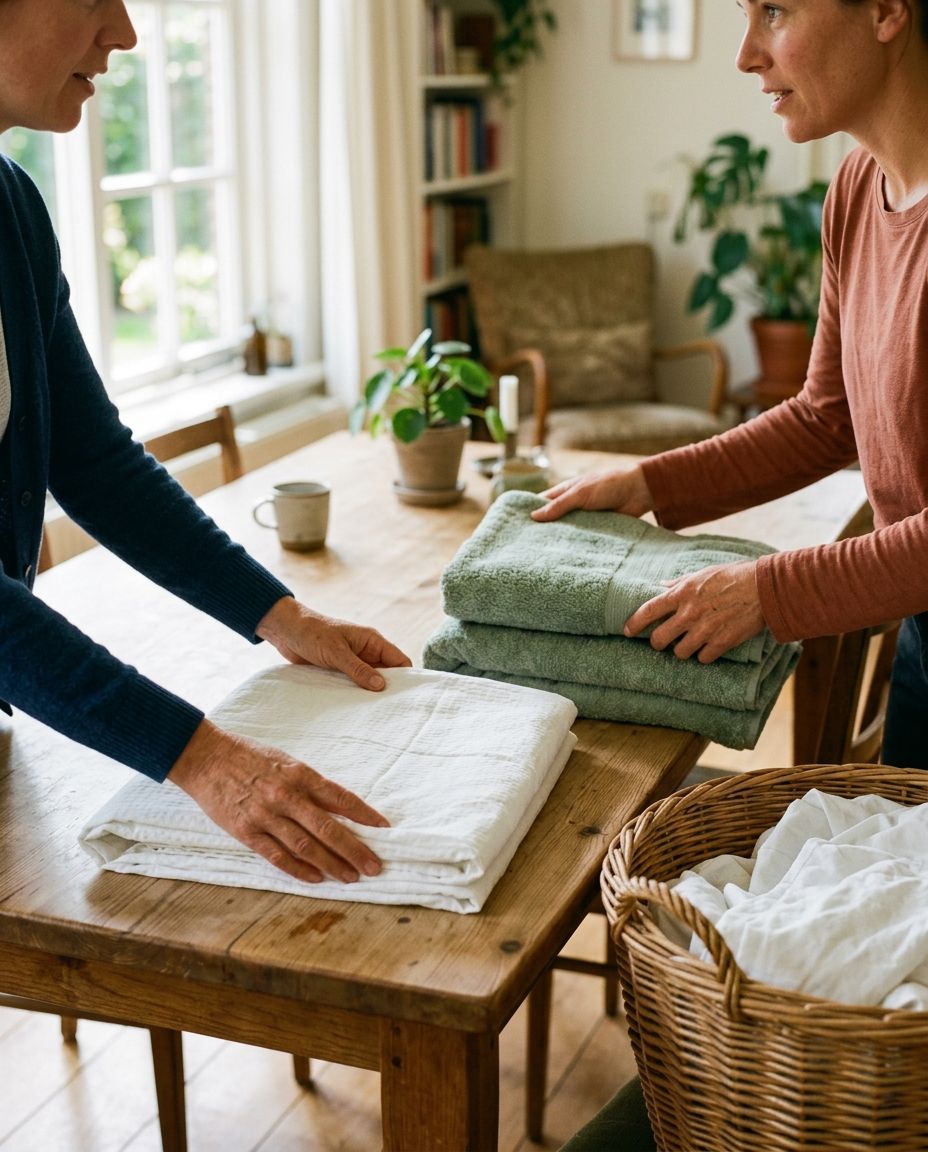 Twee paar handen vouwen samen schone was op een houten tafel